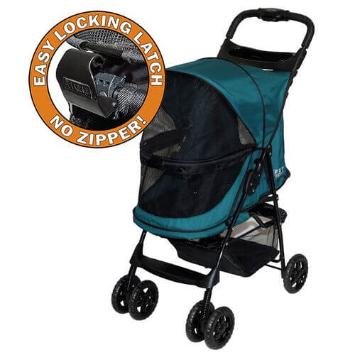 Pet Gear Happy Trails No Zip Stroller featuring easy locking latch and no zipper for hassle-free access. Pet Gear Stroller