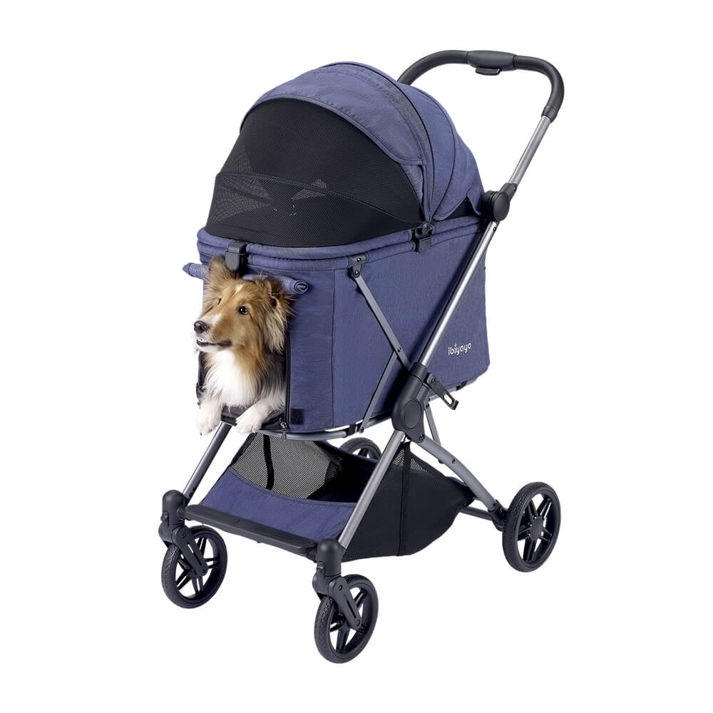 Ibiyaya pet stroller in navy blue with spacious carriage and convenient folding design for pet outings. 14