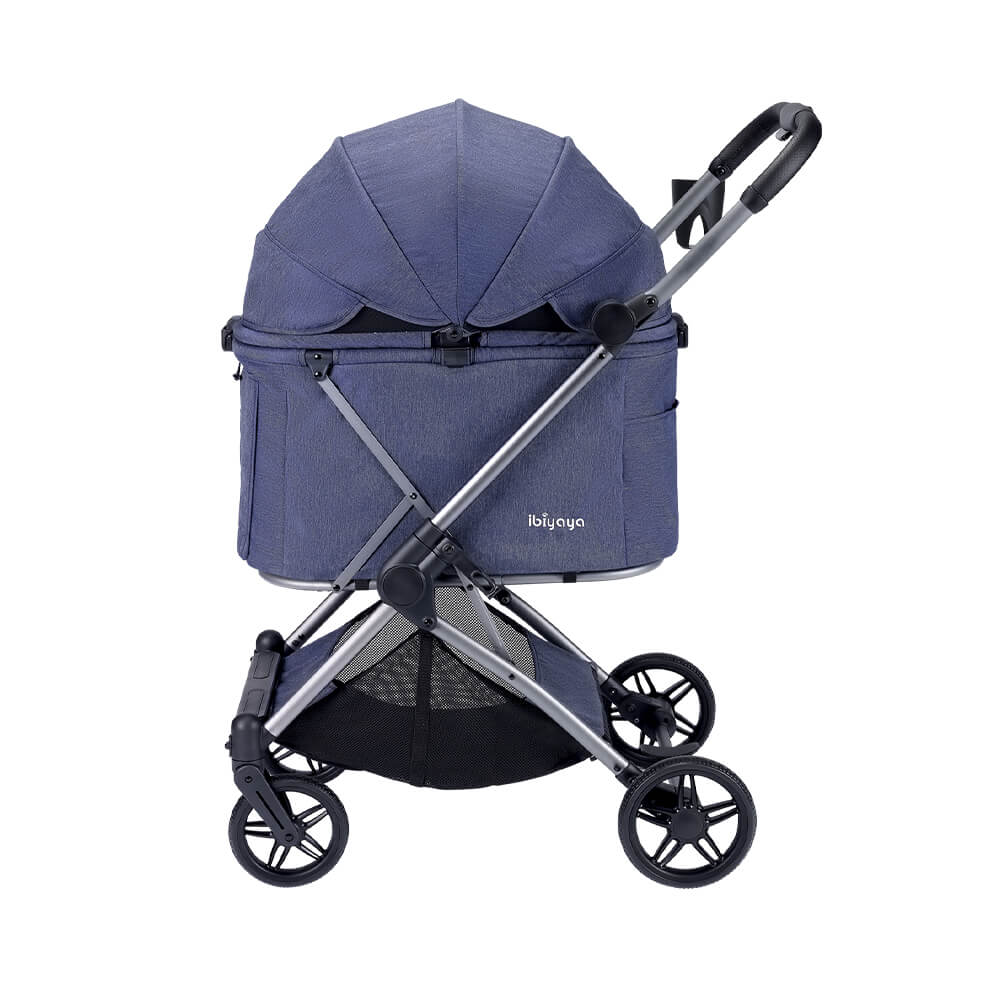 Ibiyaya pet stroller in navy blue with spacious carriage and convenient folding design for pet outings. 2