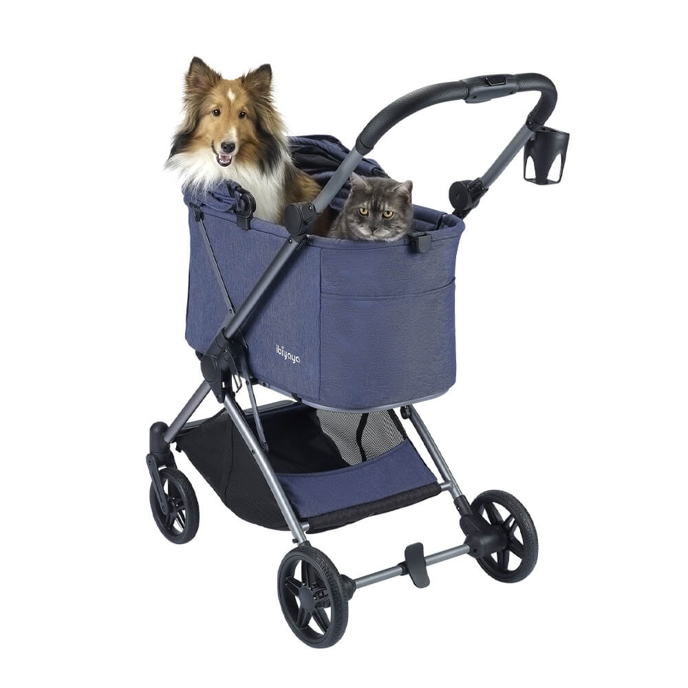Ibiyaya pet stroller in navy blue with spacious carriage and convenient folding design for pet outings. 5