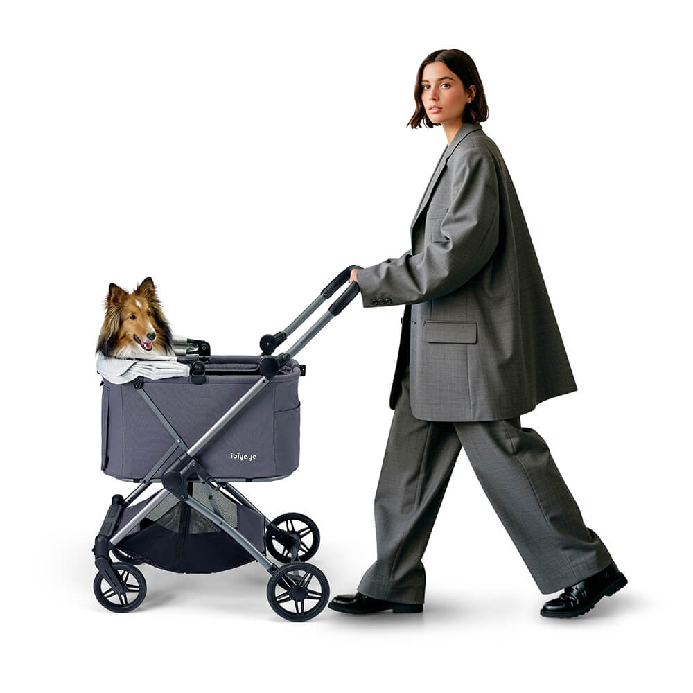 Ibiyaya pet stroller in navy blue with spacious carriage and convenient folding design for pet outings. 1