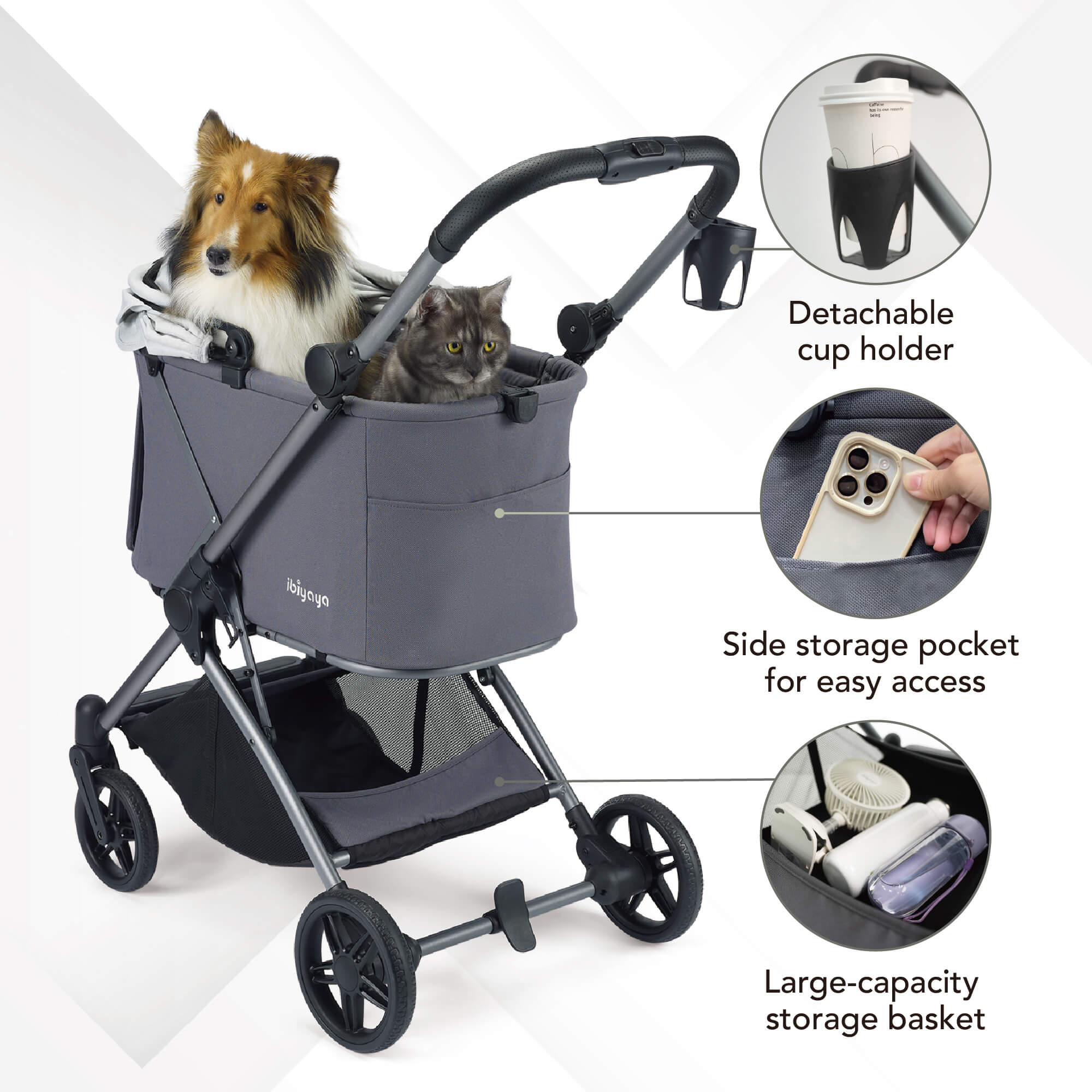Ibiyaya pet stroller in navy blue with spacious carriage and convenient folding design for pet outings. 11