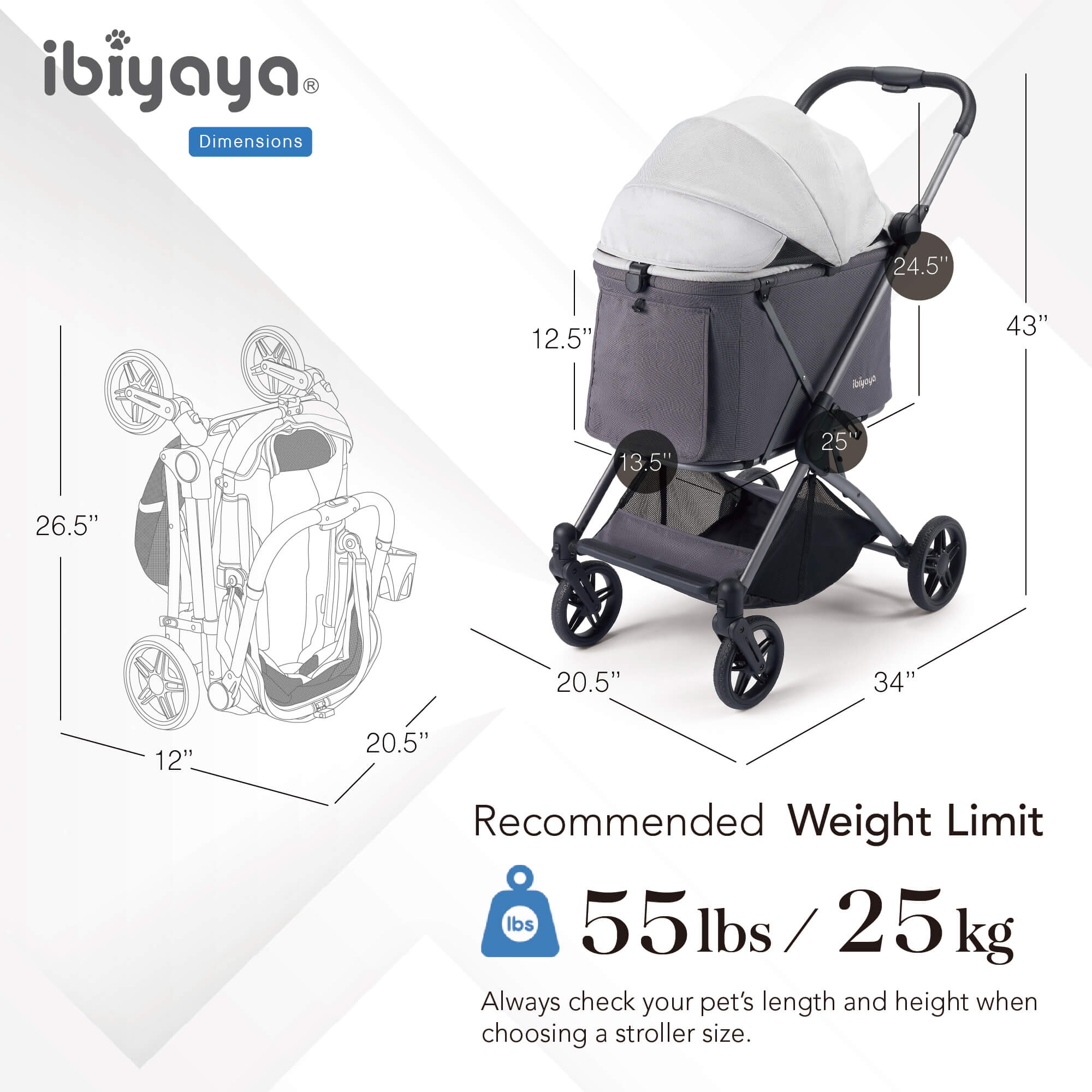 Ibiyaya pet stroller in navy blue with spacious carriage and convenient folding design for pet outings. 13