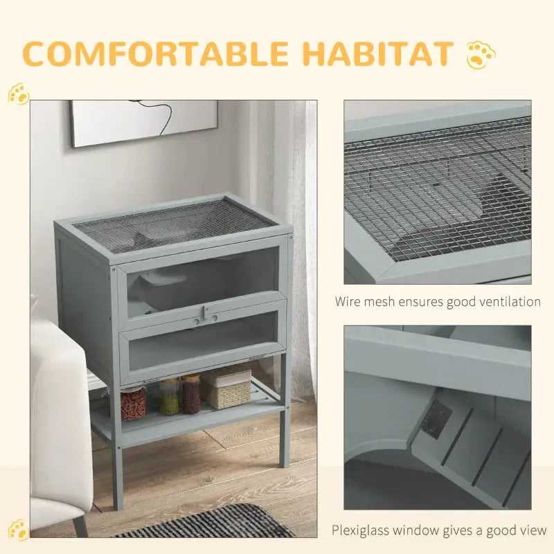 PawHut 3-Tier Wooden Hamster Cage | Gerbil Cage (Gray) Tiers