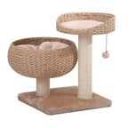 PetPals Cozy eco-friendly 3-level cat tree with woven rope baskets, sisal scratching posts, plush mat, and pom-pom toy