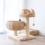 PetPals Cozy natural 3-level eco-friendly cat tree with woven baskets, sisal scratching posts, and pom-pom toy.