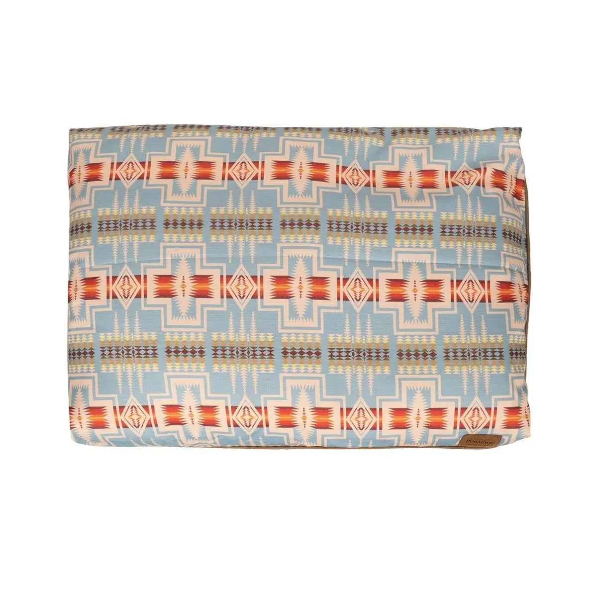 Pendleton dog bed with All-Season Pet Napper design in vibrant geometric pattern, water and UV resistant fabric, removable washable cover, suitable for indoor and outdoor use.