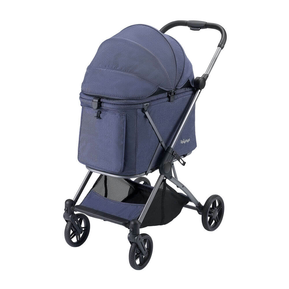 Ibiyaya Pet Stroller Maxi Deep Carriage in navy blue with four wheels and foldable frame